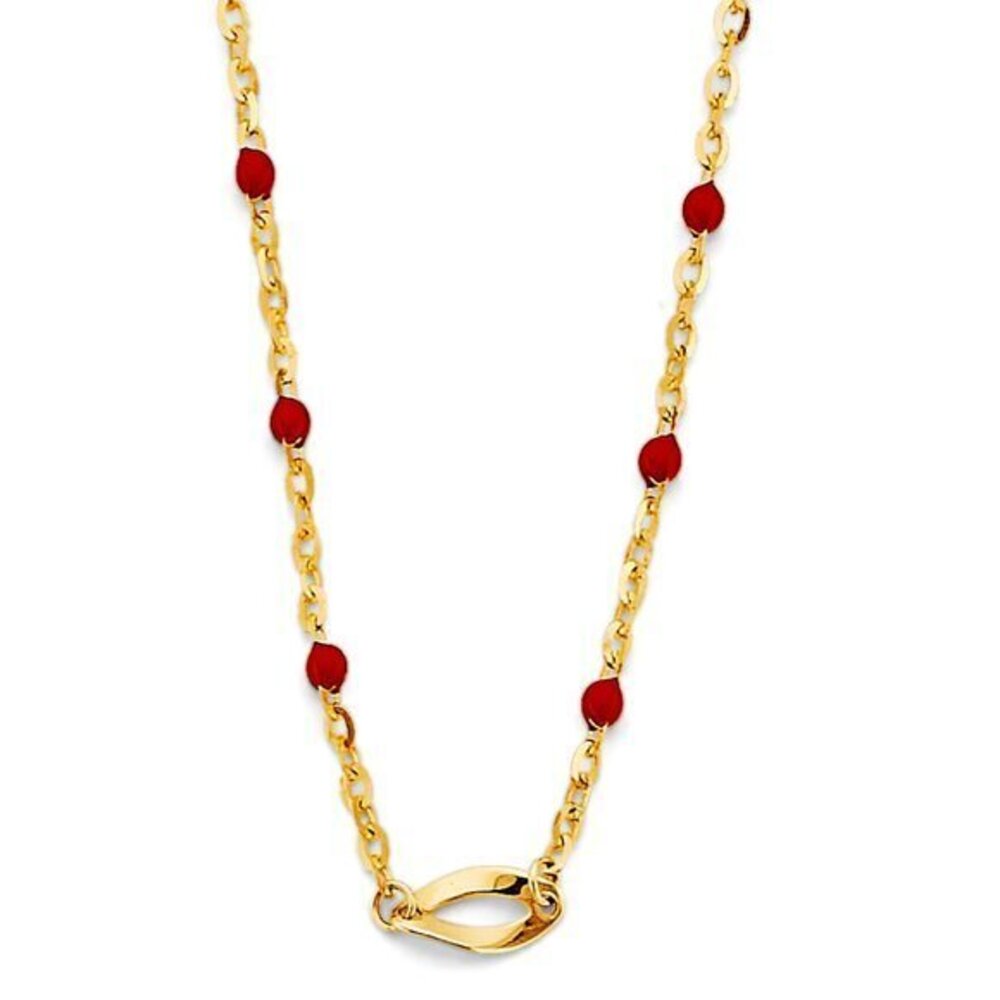 New 14K Yellow gold with Red Enamel Bead Necklace